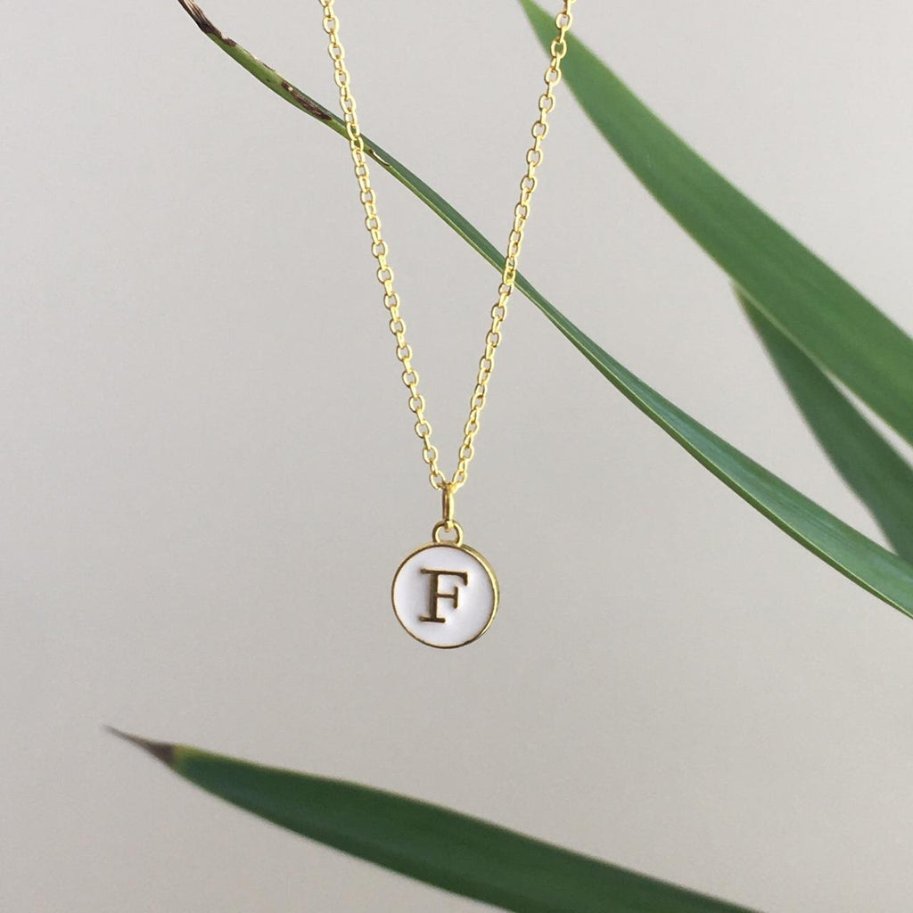 Letter F Initial White Enamel Pendant Chain Necklace