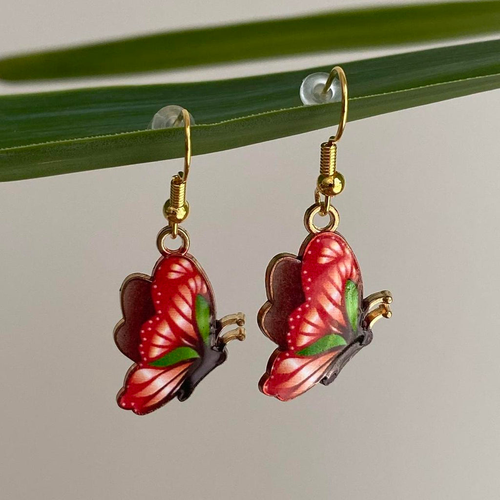 Red And Green Butterfly Enamel Dangle Earrings With - Image 3
