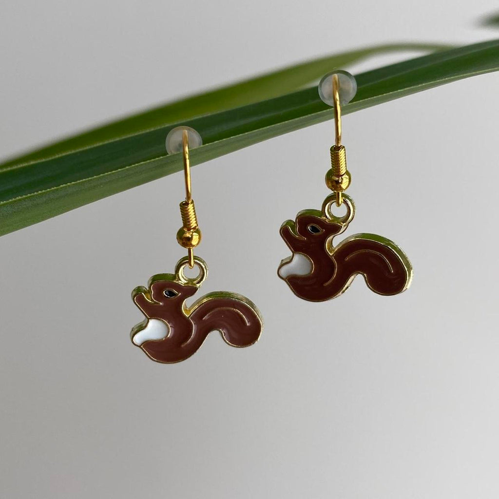 Brown Squirrel Enamel Dangle Earrings With Gold - Image 2