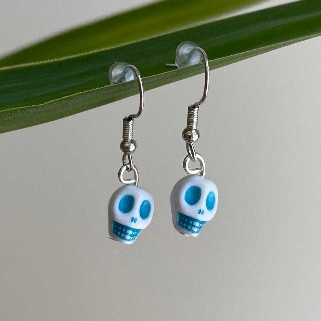 Cinco De Mayo White And Blue Skull Dangle Earrings