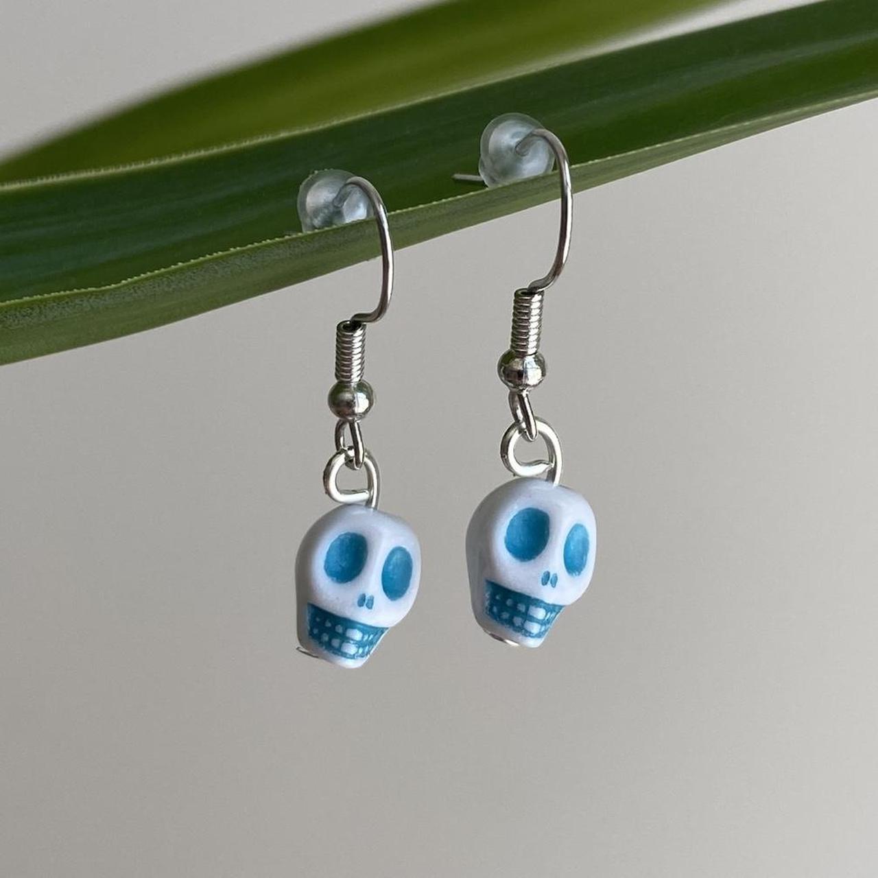 Cinco De Mayo White And Blue Skull Dangle Earrings