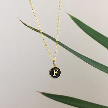 Letter F Initial Black Enamel Pendant Chain