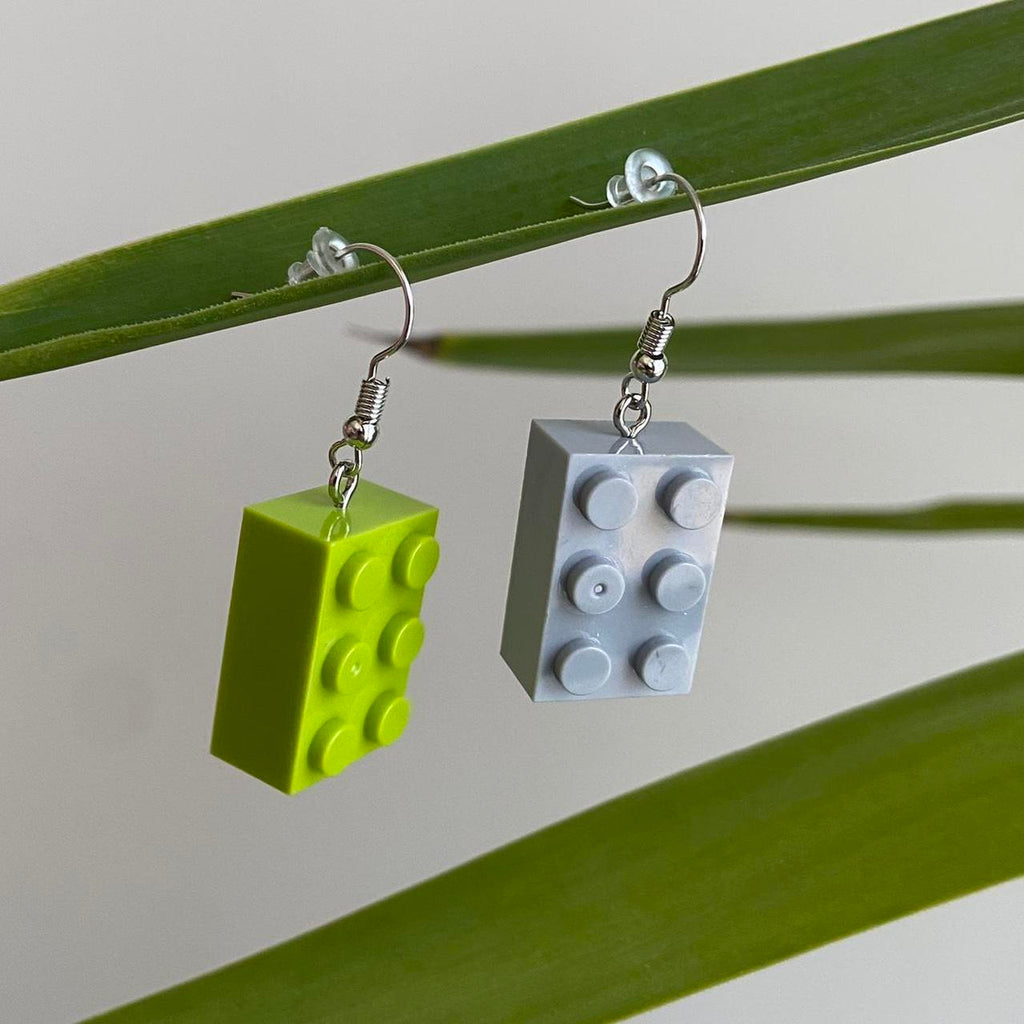 Lego Green And Grey Dangle Earrings Hand Made - Image 2