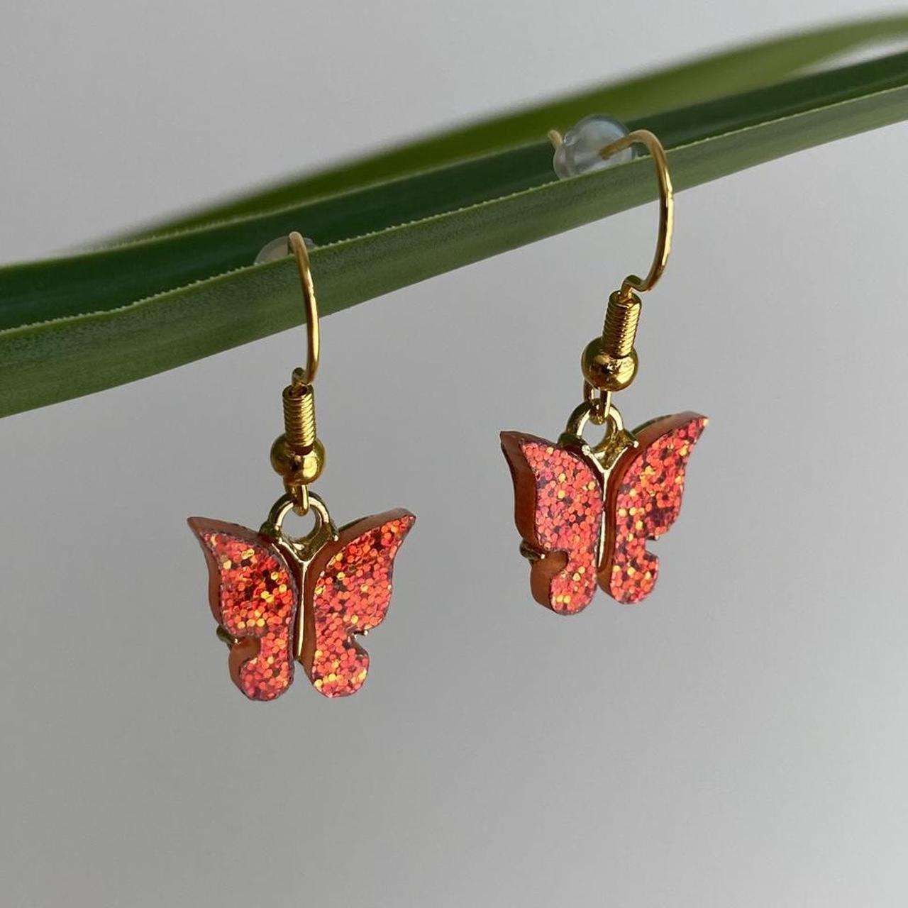 Orange Sparkle Butterfly Dangle Earrings With Gold