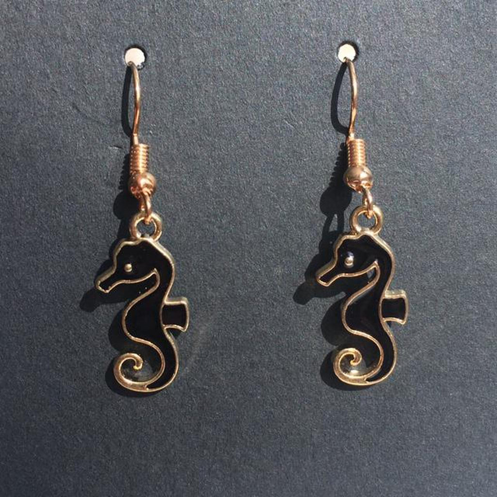 Black Seahorse Dangle Drop Earrings With Gold - Image 4