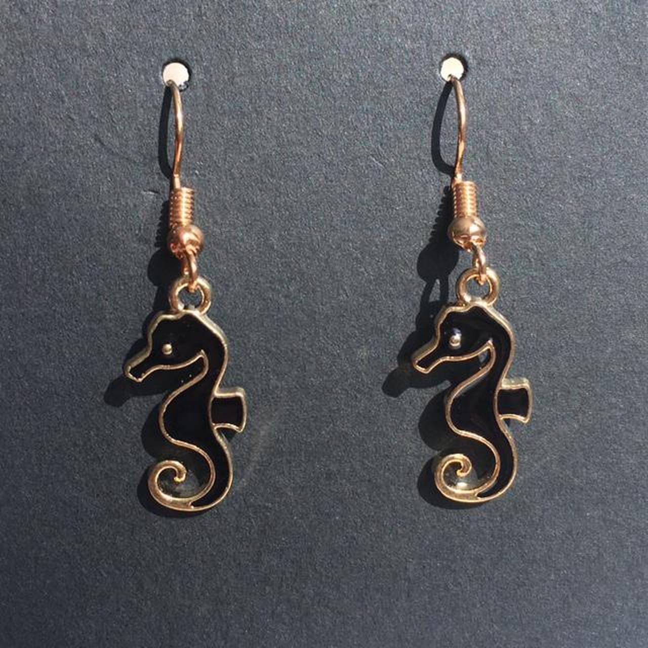 Black Seahorse Dangle Drop Earrings With Gold - Image 4