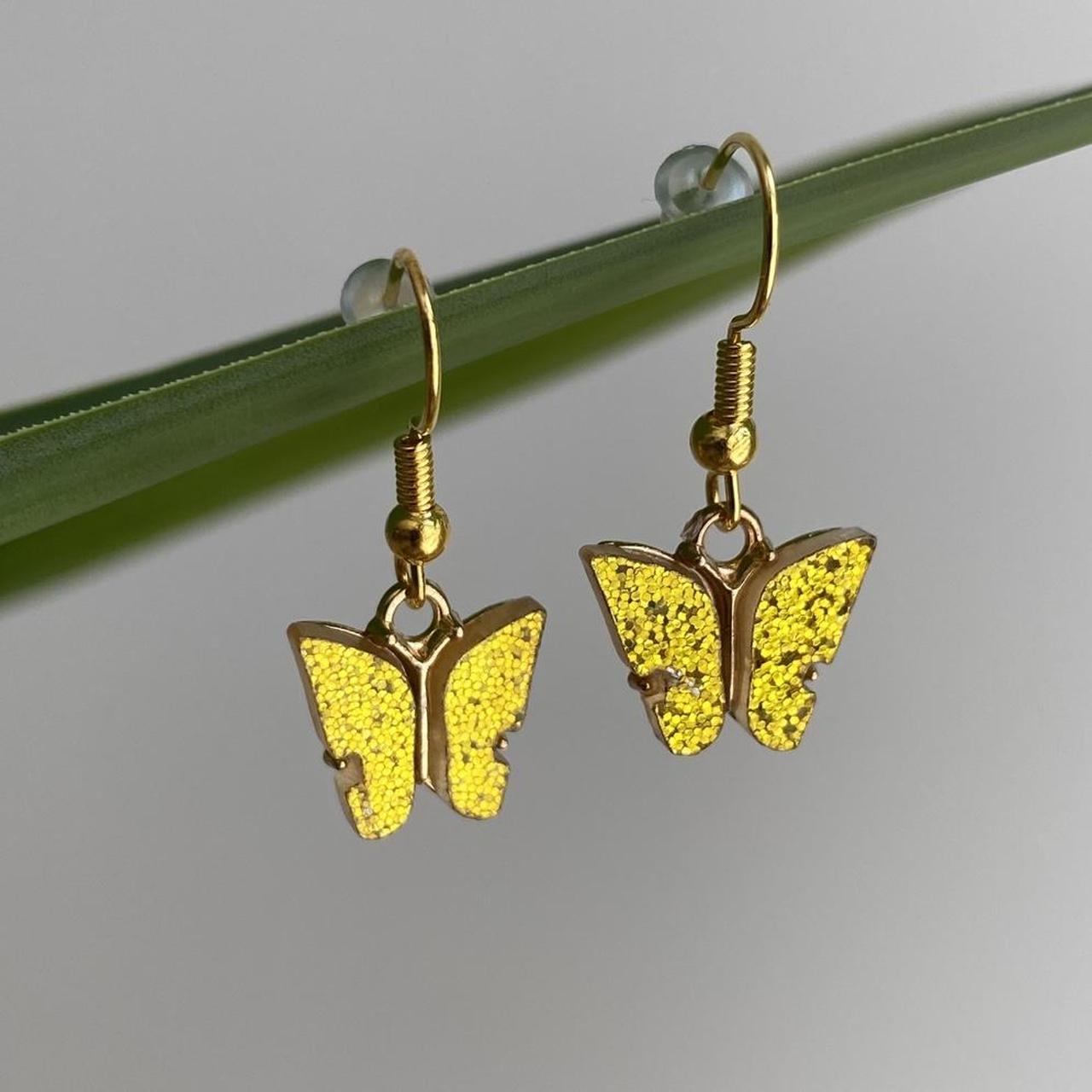 Yellow Sparkle Butterfly Dangle Earrings With Gold