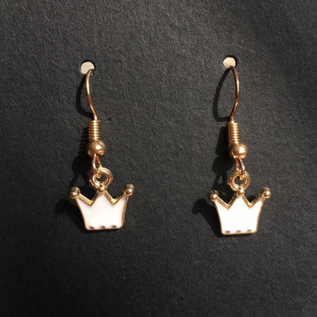 White Royal Crown Dangle Earrings With Gold Accents - Image 3