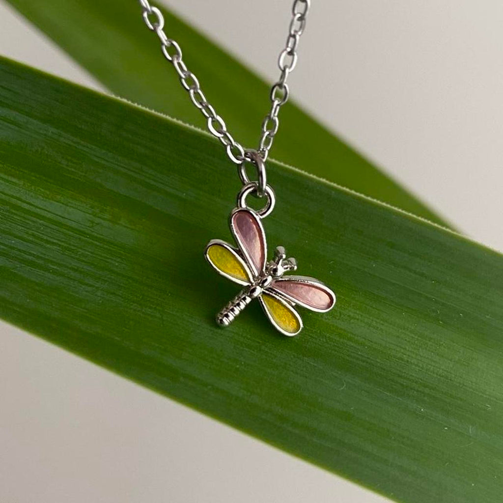 Pink And Yellow Enamel Dragonfly Pendant Chain