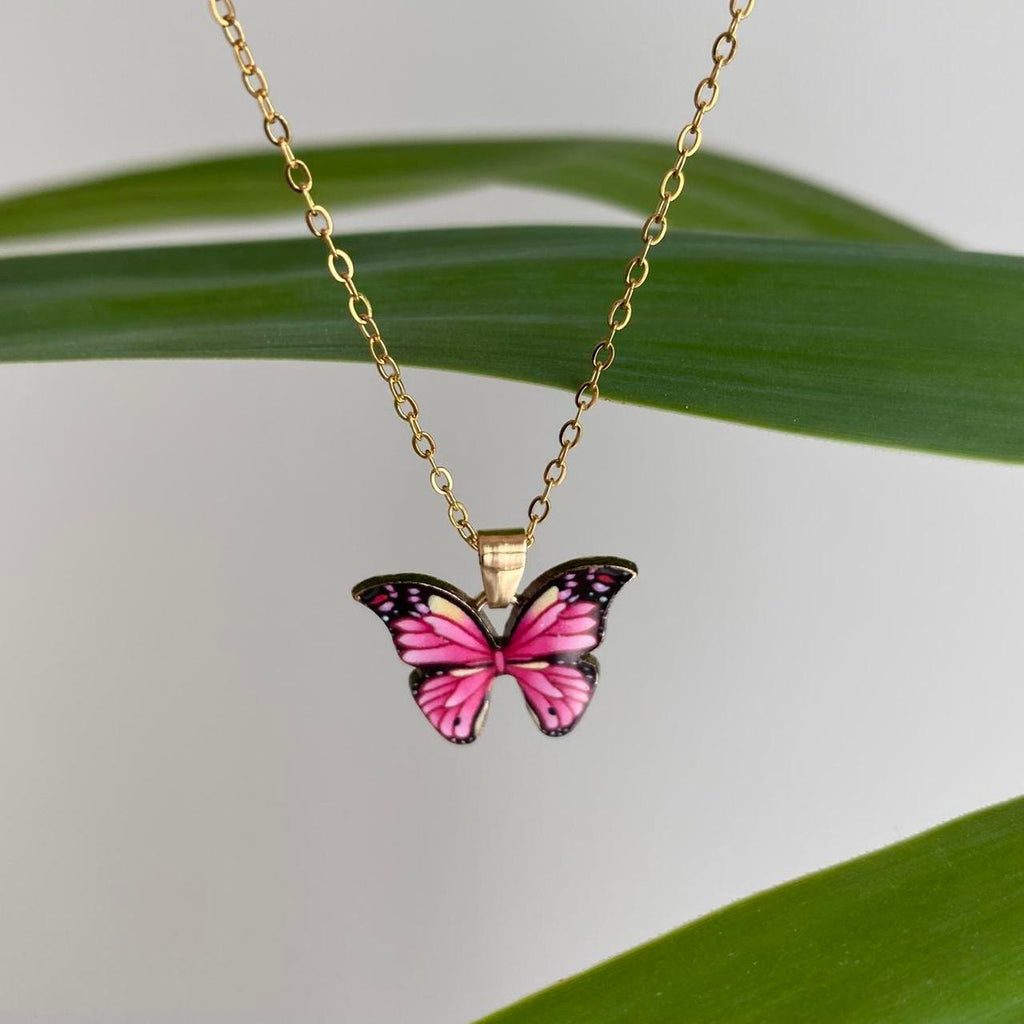 Pink Butterfly Enamel Pendant Chain Necklace With - Image 3