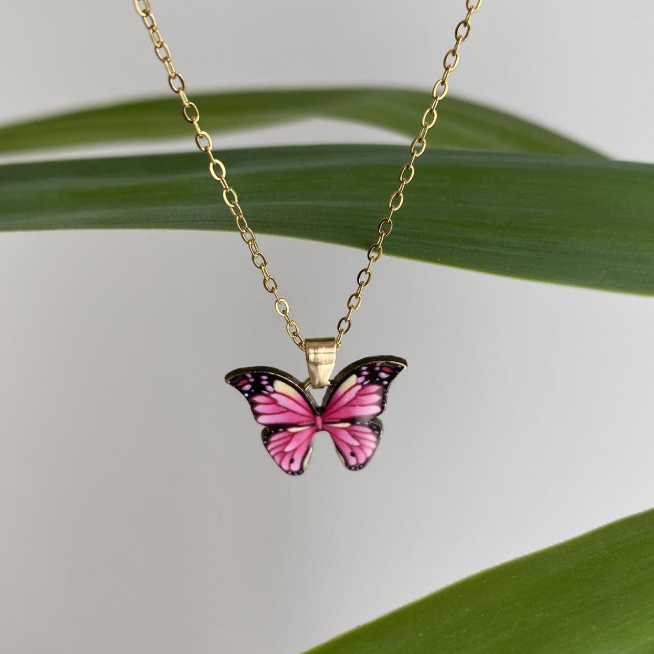 Pink Butterfly Enamel Pendant Chain Necklace With - Image 3