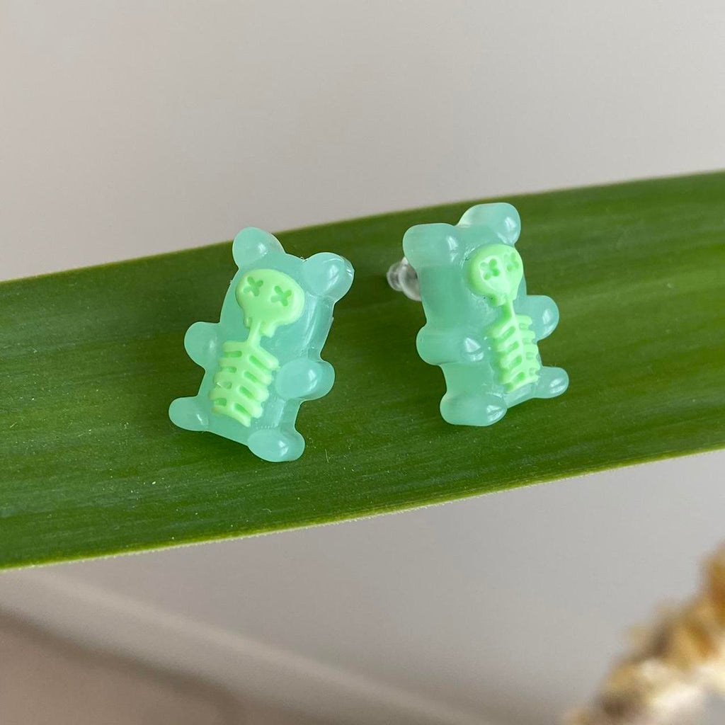 Green Skeleton Gummy Bear X Ray Stud Earrings - Image 2