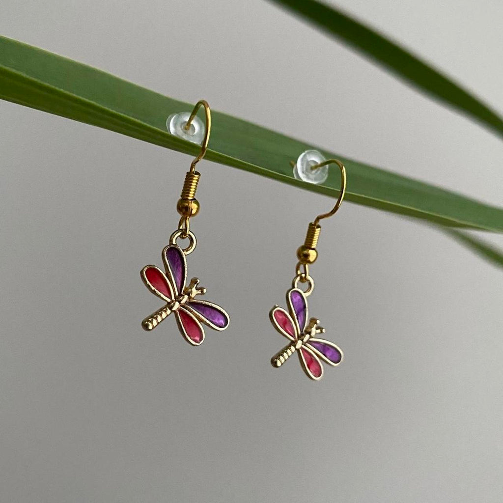 Pink And Purple Dragon Fly Dangle Earrings With Gold