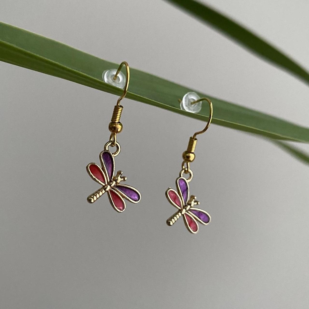 Pink And Purple Dragon Fly Dangle Earrings With Gold