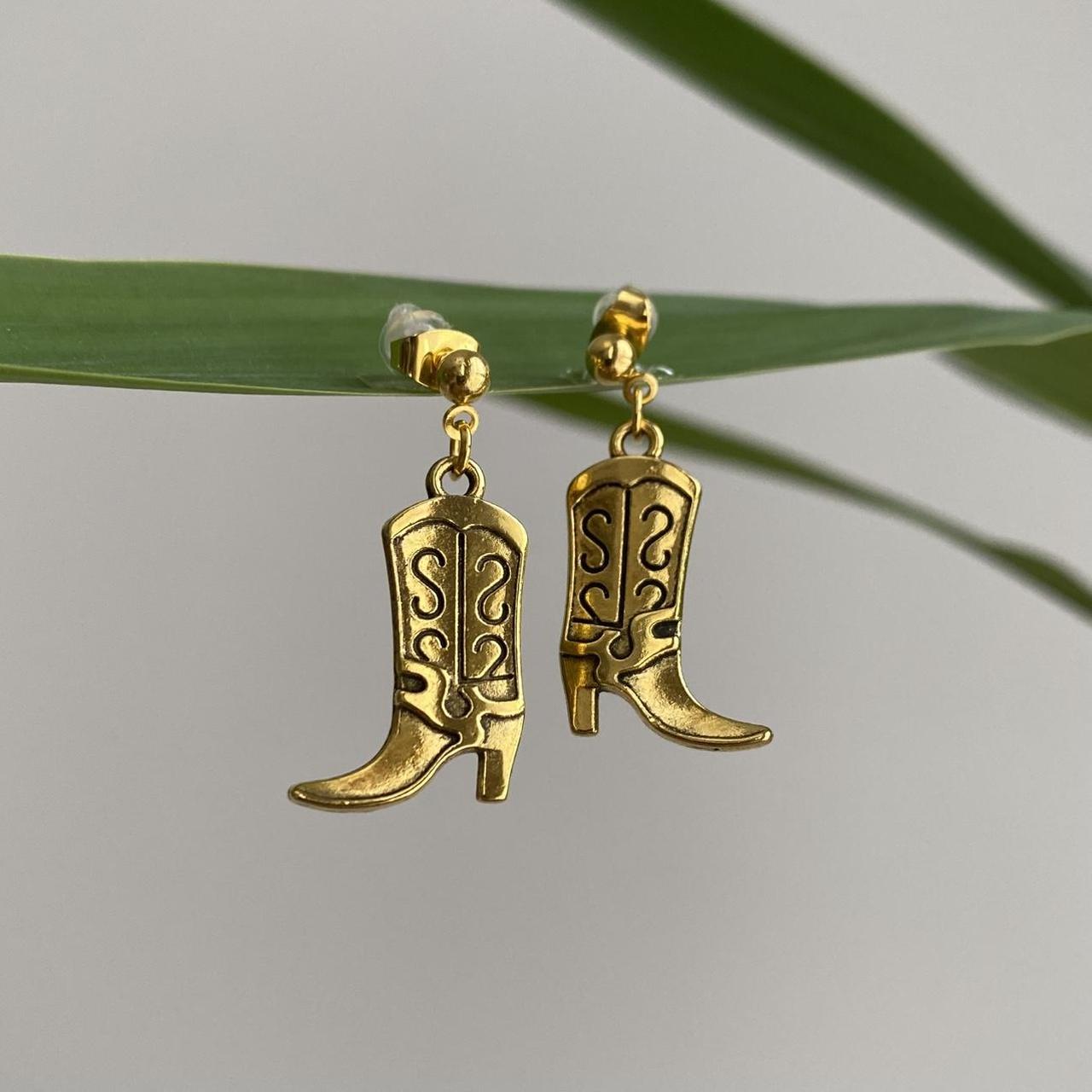 Gold Western Cowgirl Boots Dangle Stud Earrings